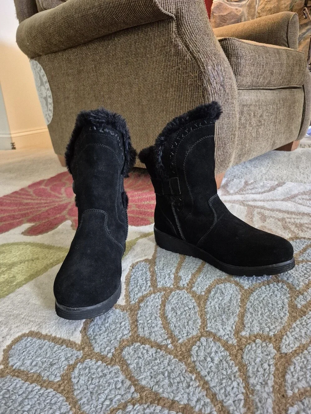 Skechers Keepsakes Wedge Cozy Peak Black Leather Ankle Boots Size 7.5